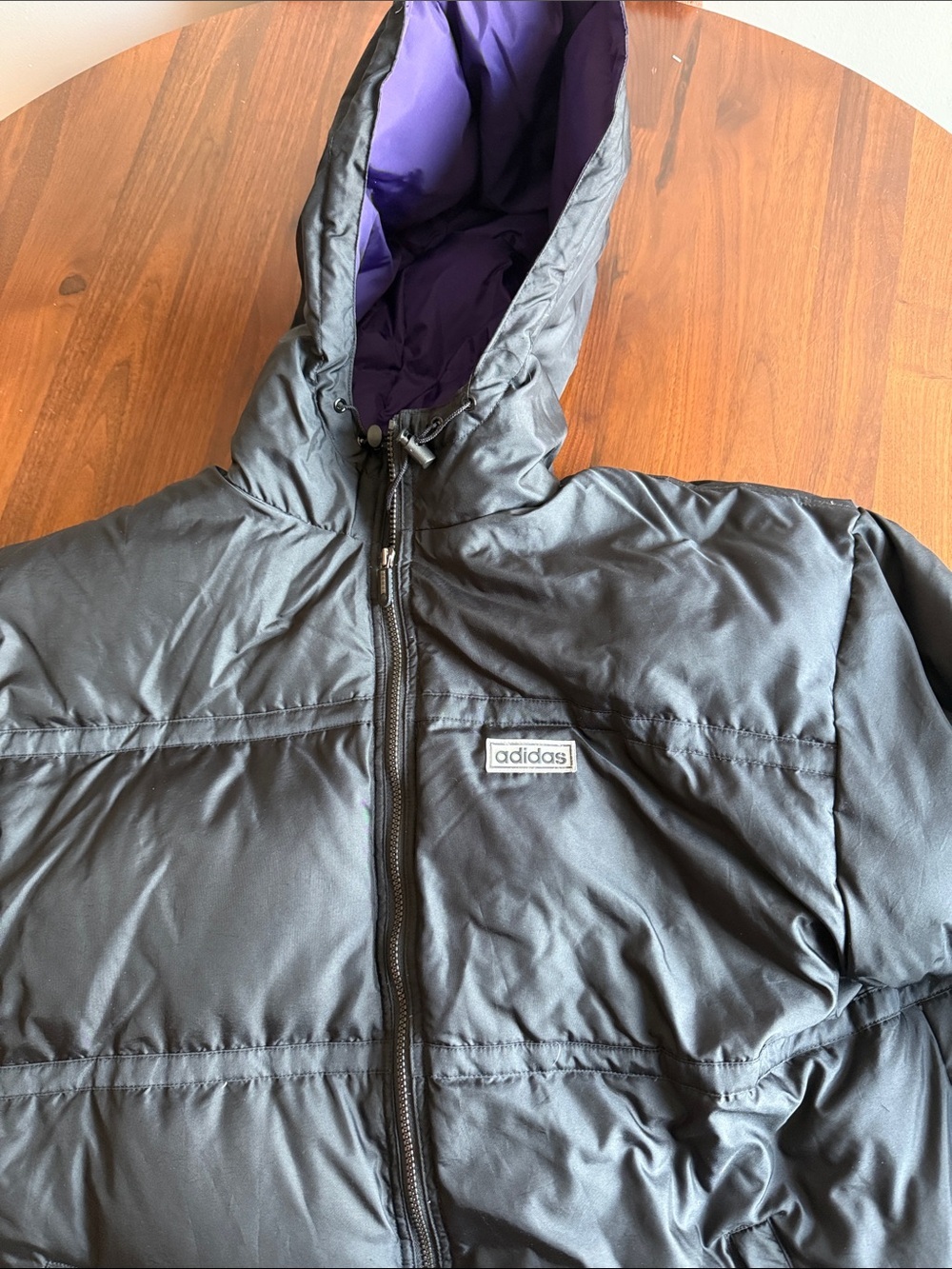 adidas men Black Puffer Jacket with Purple Hood Lining - 80-90s - large
